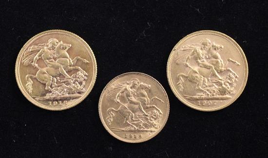 Two full gold sovereigns 1907 and 1917 and a half sovereign, 1913,